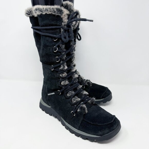 Vintage Y2K Skechers Black Lace Up Snow Boots Women's 9 Side Zip Faux Fur Lining - Picture 1 of 9